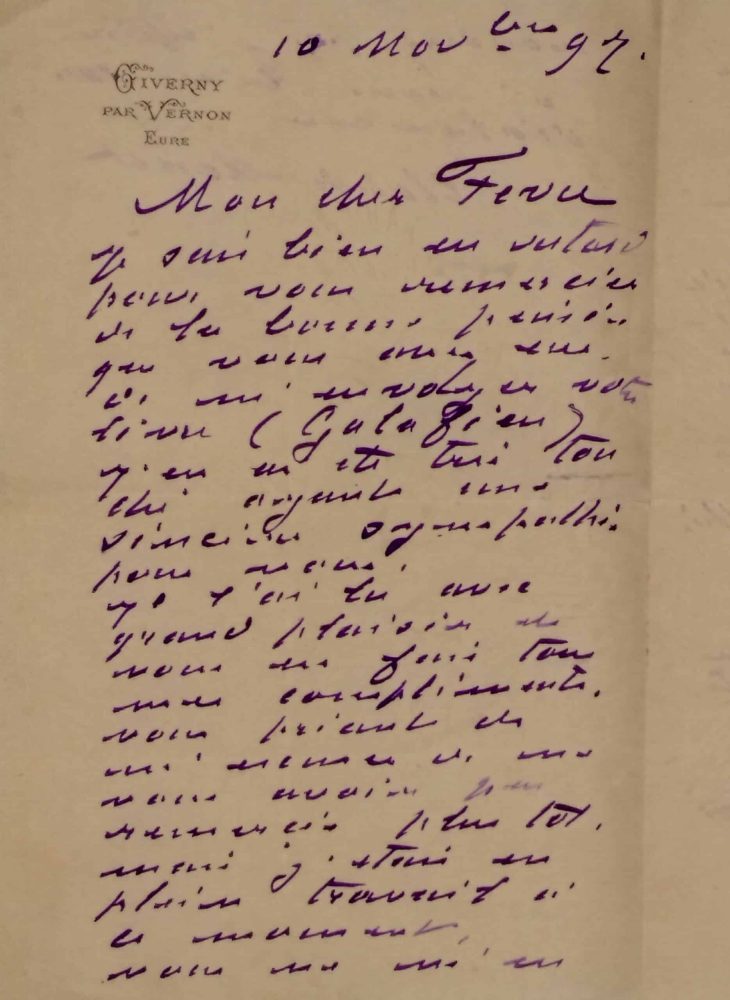 Lettre autographe manuscrite de Claude Monet à Henry Fèvre du 10 novembre 1892
