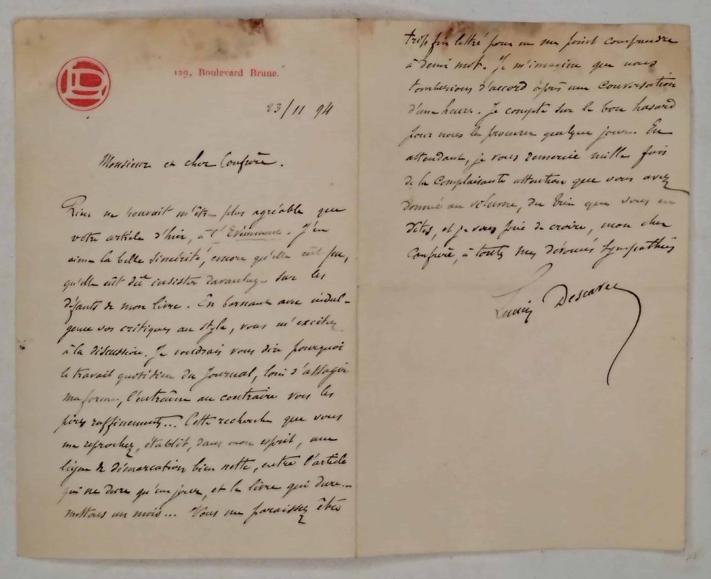 Lettre autographe manuscrite de Lucien Descaves de 1894